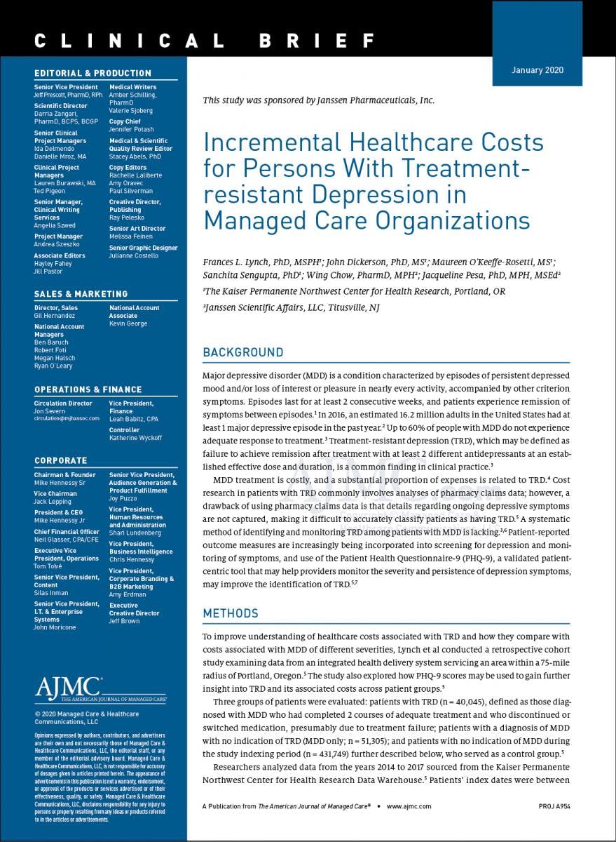 Incremental Healthcare Costs for Persons With Treatment-resistant Depression in Managed Care Organizations