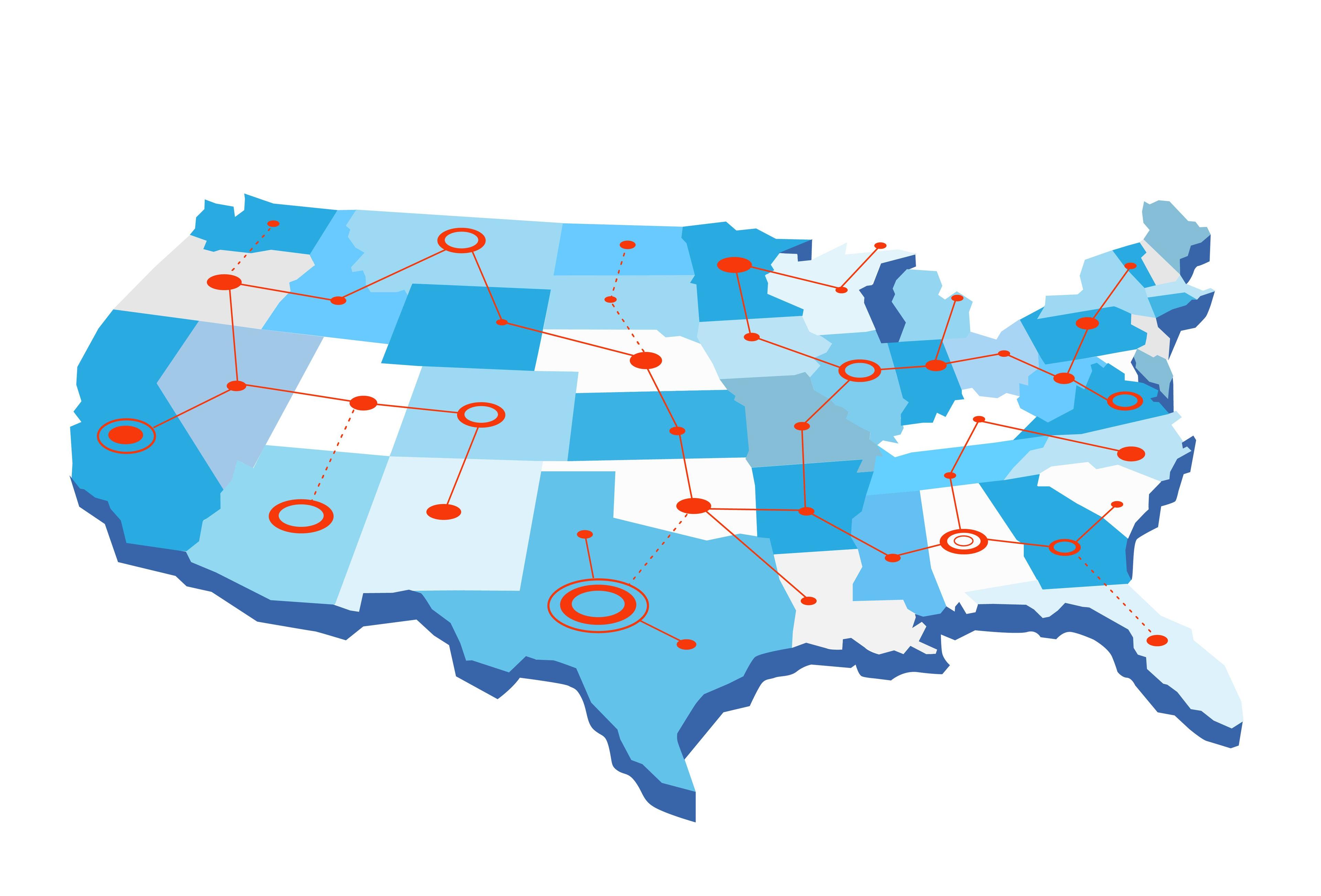 Mappa degli stati uniti con linee e cerchi - Hurca! - stock.adobe.com