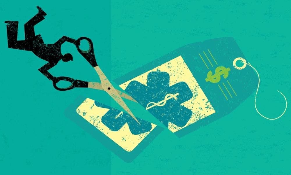 illustration of health care price tag being cut in half with scissors