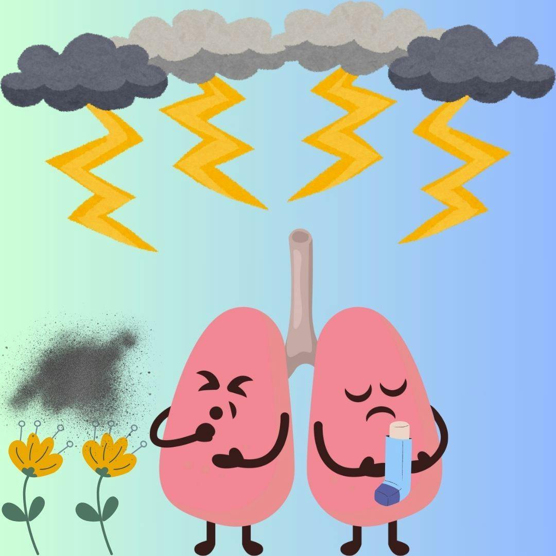 Drawing of lungs, one holding an inhaler, with a storm overhead