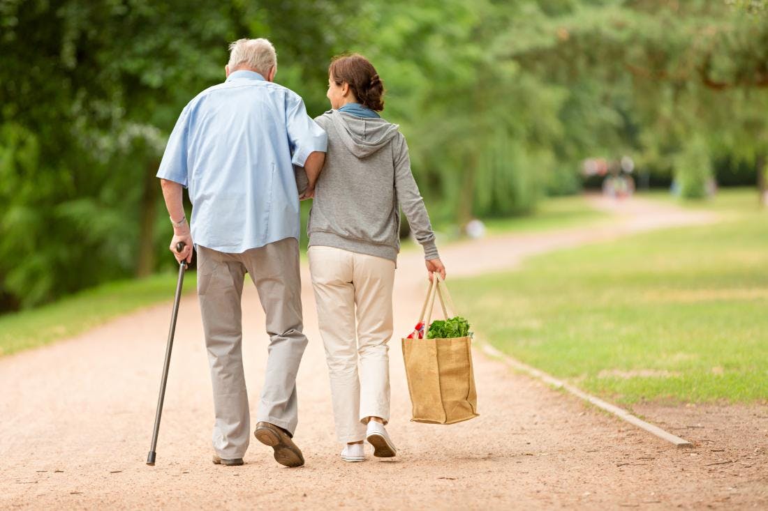 Elderly person walking with aid of younger person.
