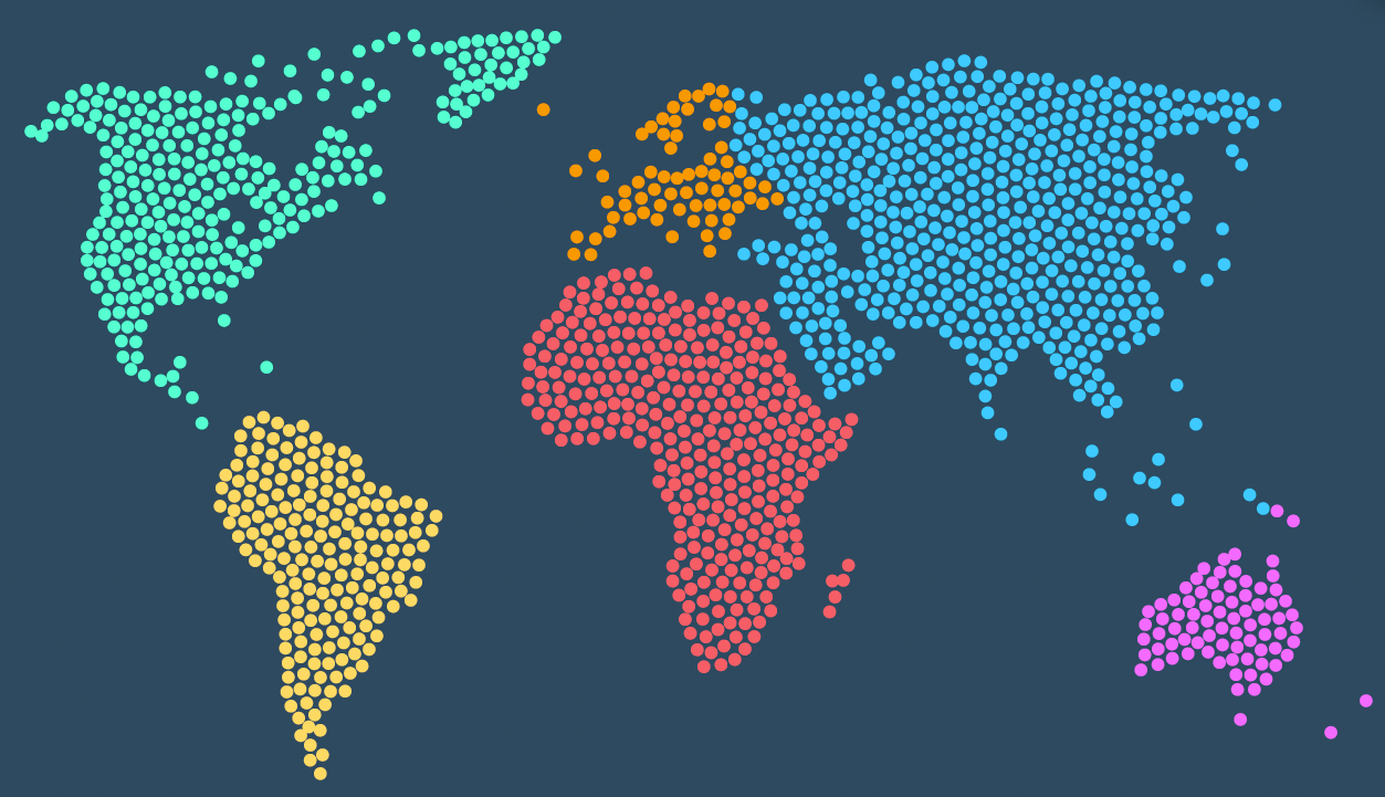 World map with continents represented by different color dots