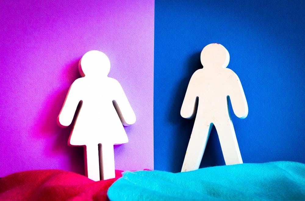 Woman and man figures on pink and blue backgrounds